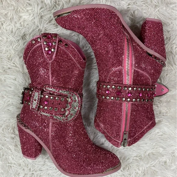 CLUB EXX Pink Sheriff Shine Rhinestone Cowboy Boots Ankle Booties Heeled Size 8 - Picture 5 of 13